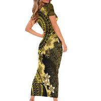 Vanuatu Short Sleeve Bodycon Dress Hibisus Polynesian Pattern Gold - Polynesian Pride