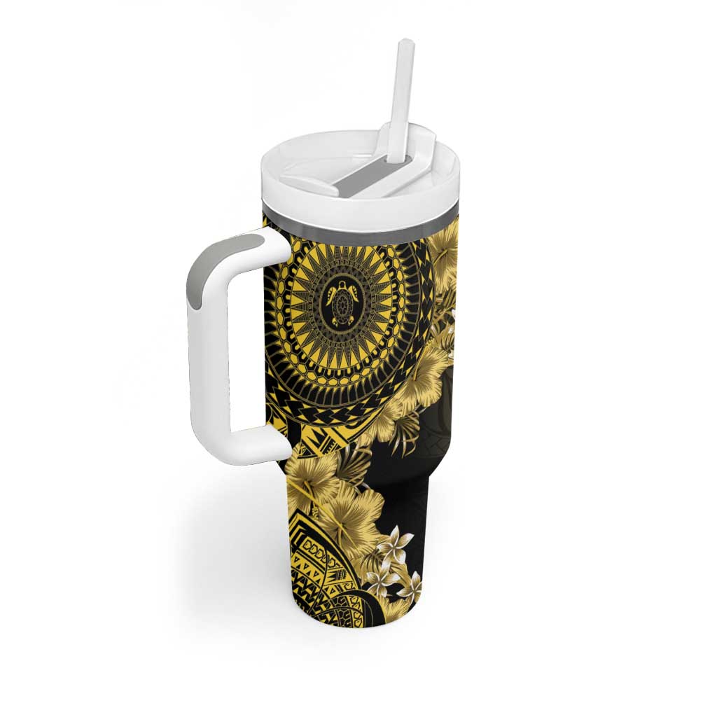 Vanuatu Tumbler With Handle Hibisus Polynesian Pattern Gold - Polynesian Pride