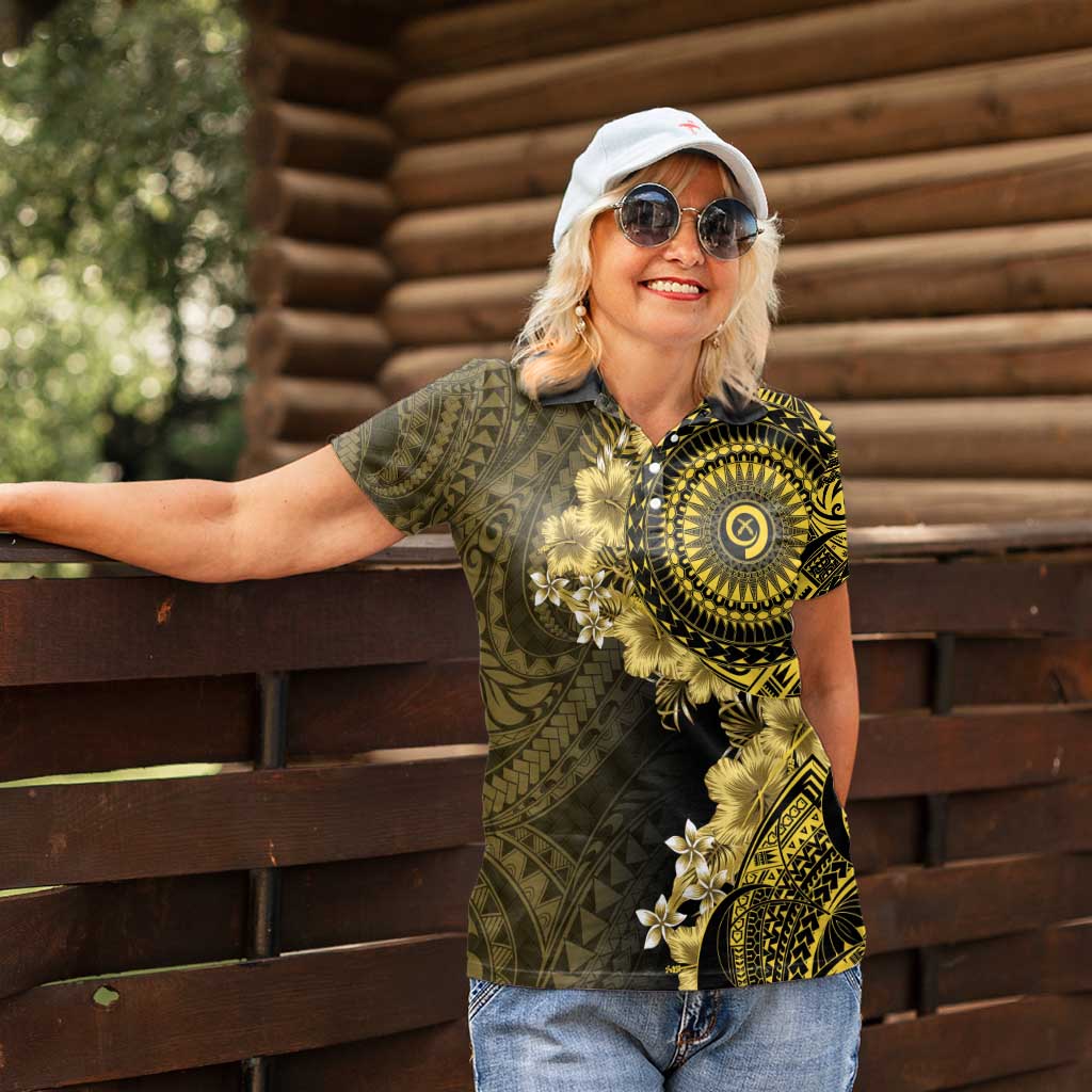 Vanuatu Women Polo Shirt Hibisus Polynesian Pattern Gold - Polynesian Pride