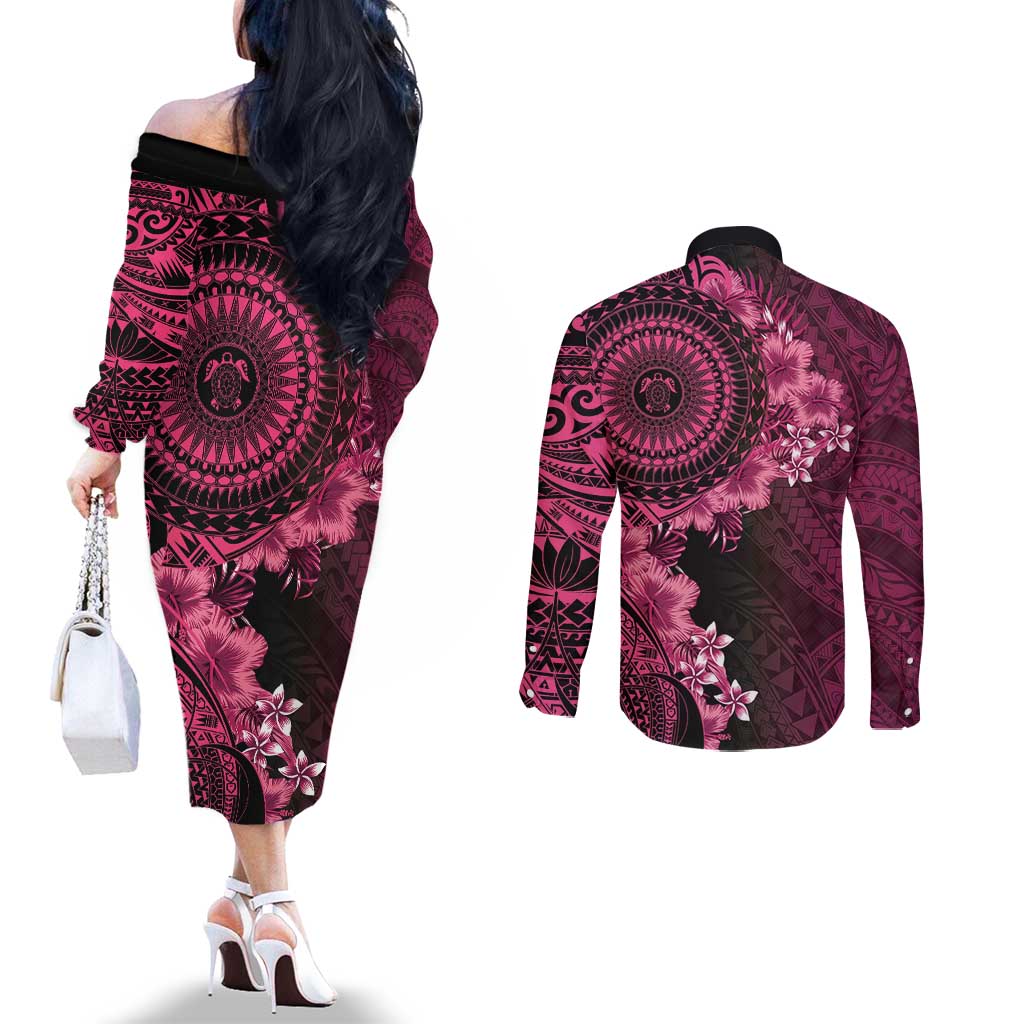 Vanuatu Couples Matching Off The Shoulder Long Sleeve Dress and Long Sleeve Button Shirt Hibisus Polynesian Pattern Pink - Polynesian Pride