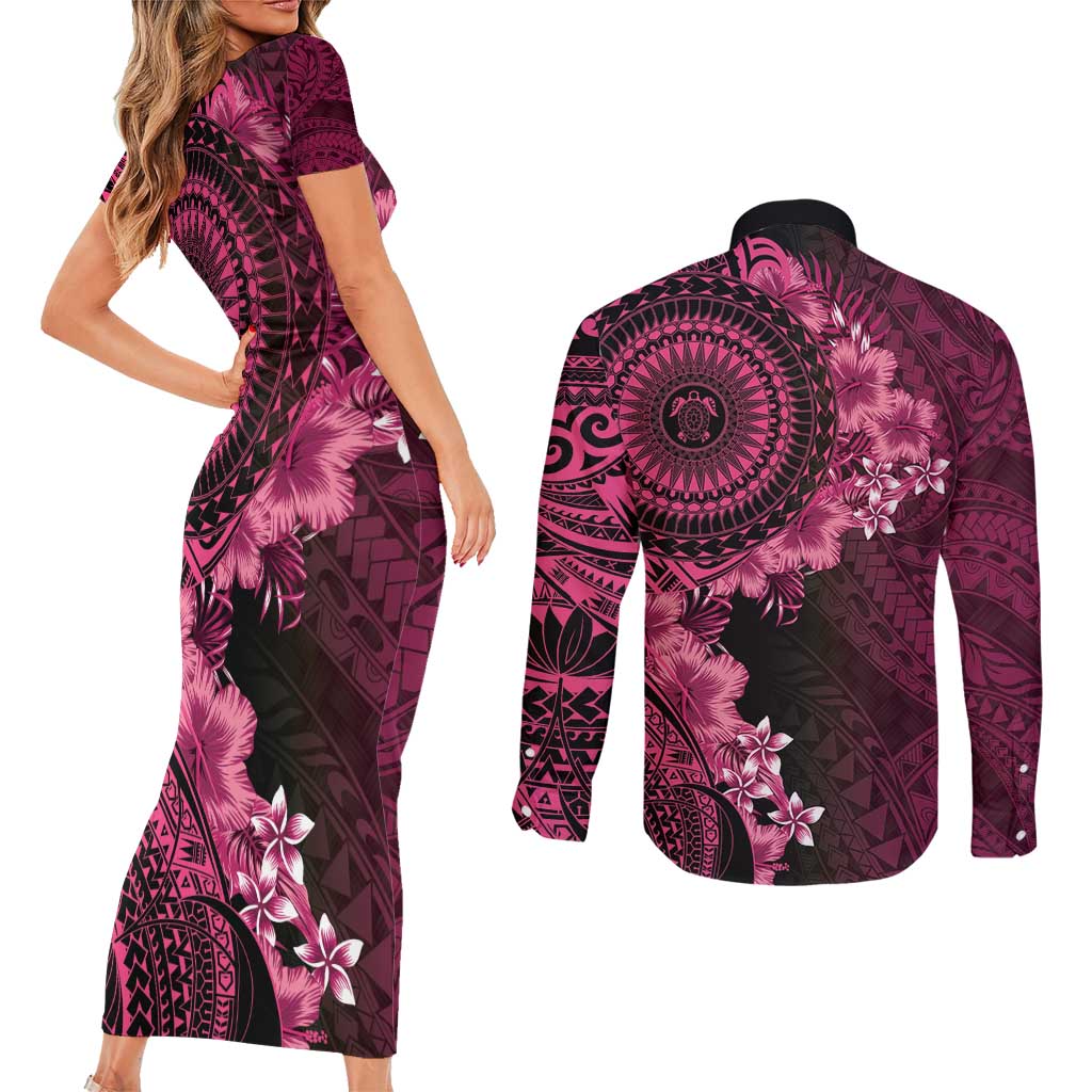 Vanuatu Couples Matching Short Sleeve Bodycon Dress and Long Sleeve Button Shirt Hibisus Polynesian Pattern Pink - Polynesian Pride