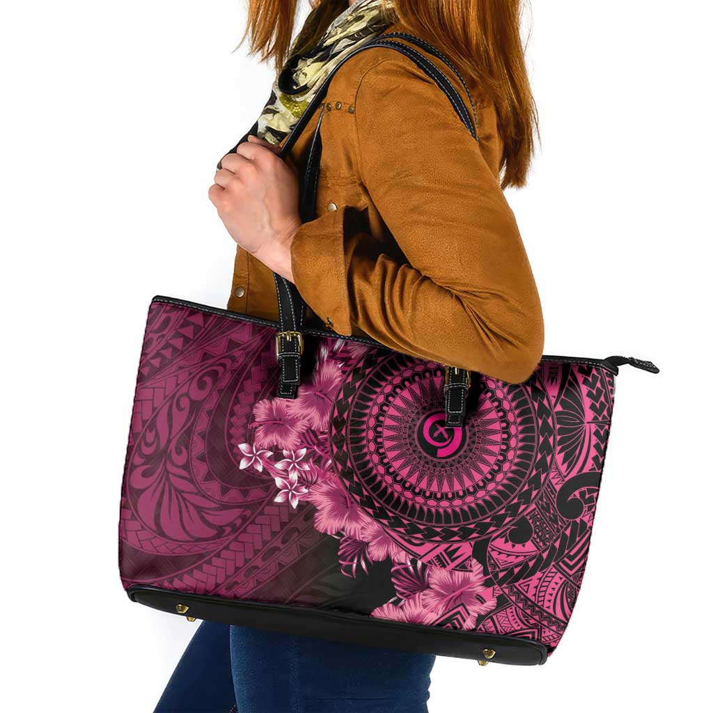Vanuatu Leather Tote Bag Hibisus Polynesian Pattern Pink - Polynesian Pride