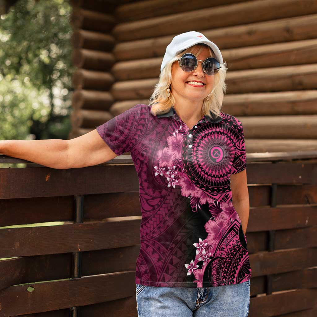 Vanuatu Women Polo Shirt Hibisus Polynesian Pattern Pink - Polynesian Pride