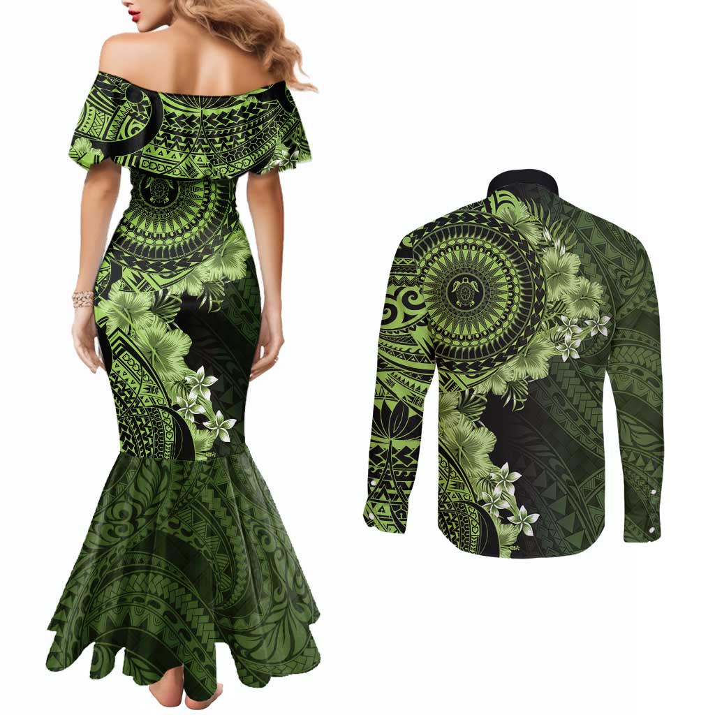 Vanuatu Couples Matching Mermaid Dress and Long Sleeve Button Shirt Hibisus Polynesian Pattern Green LT14 - Polynesian Pride