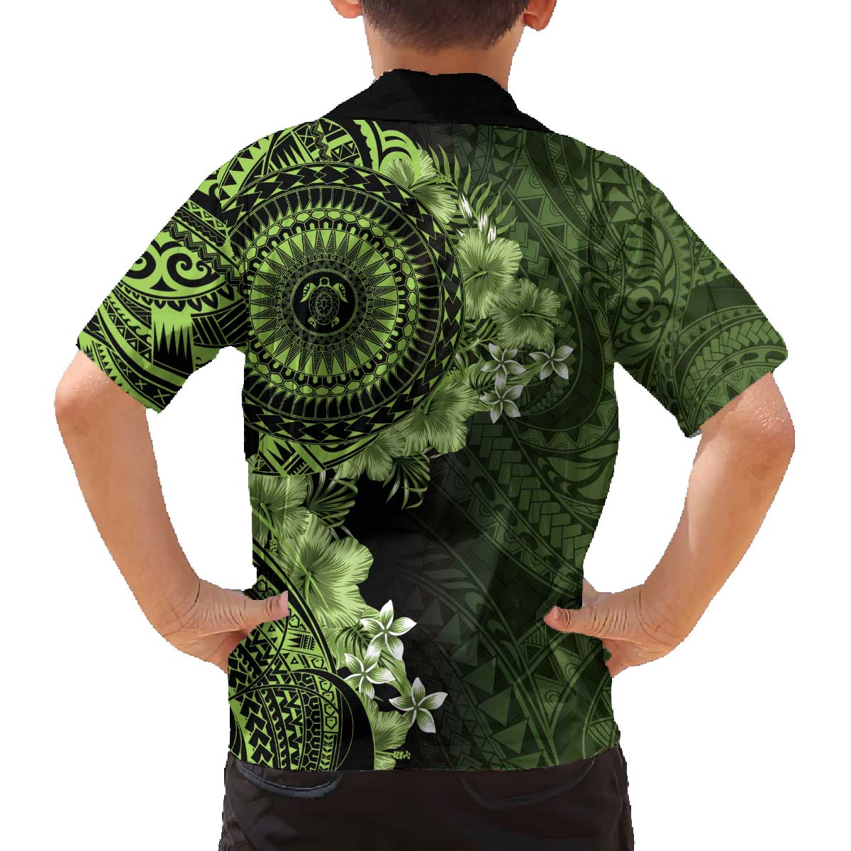Vanuatu Family Matching Off The Shoulder Long Sleeve Dress and Hawaiian Shirt Hibisus Polynesian Pattern Green - Polynesian Pride