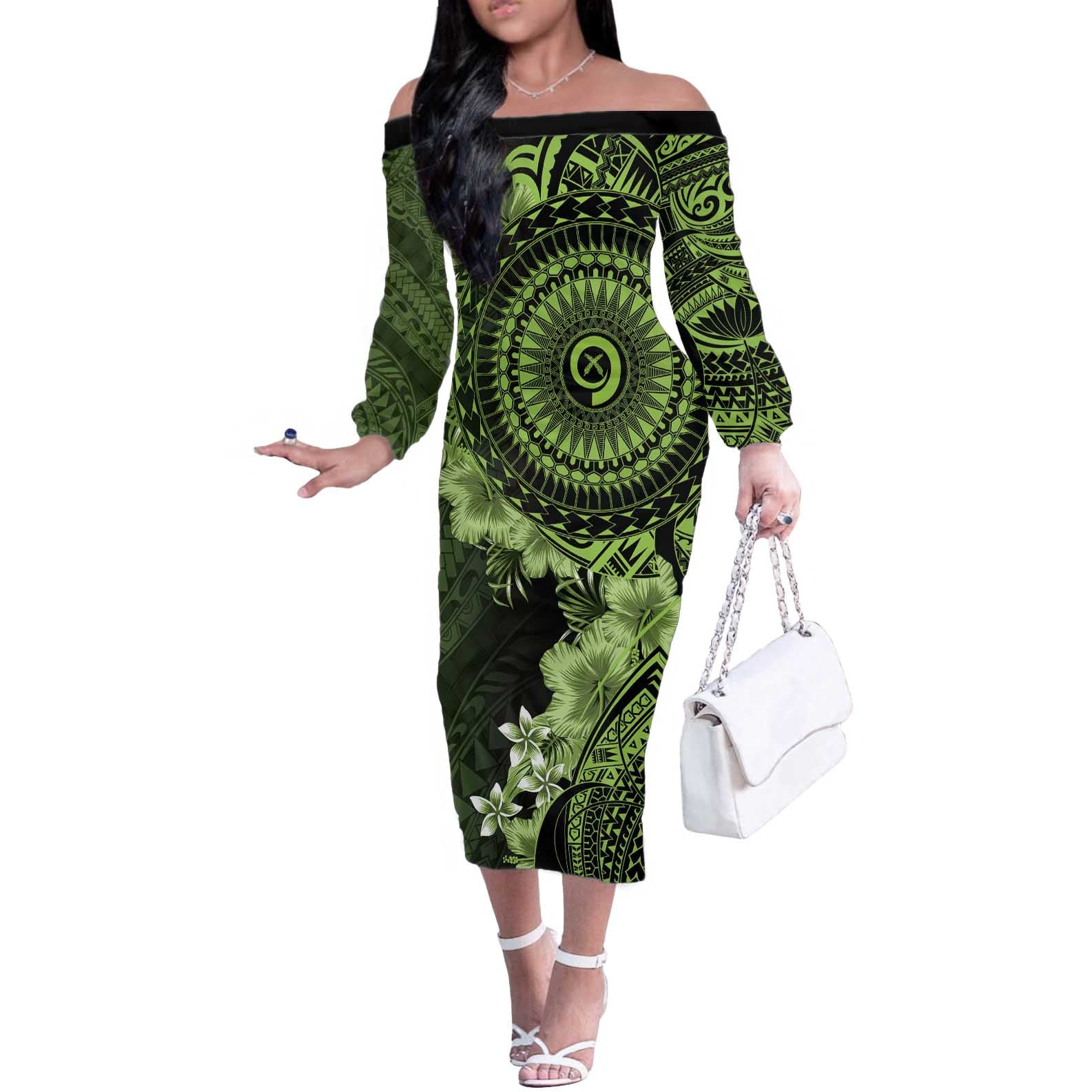 Vanuatu Off The Shoulder Long Sleeve Dress Hibisus Polynesian Pattern Green - Polynesian Pride
