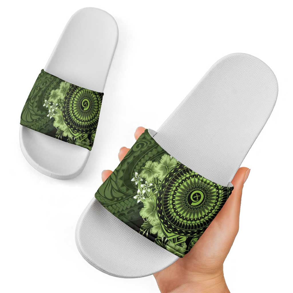 Vanuatu Slide Sandals Hibisus Polynesian Pattern Green - Polynesian Pride