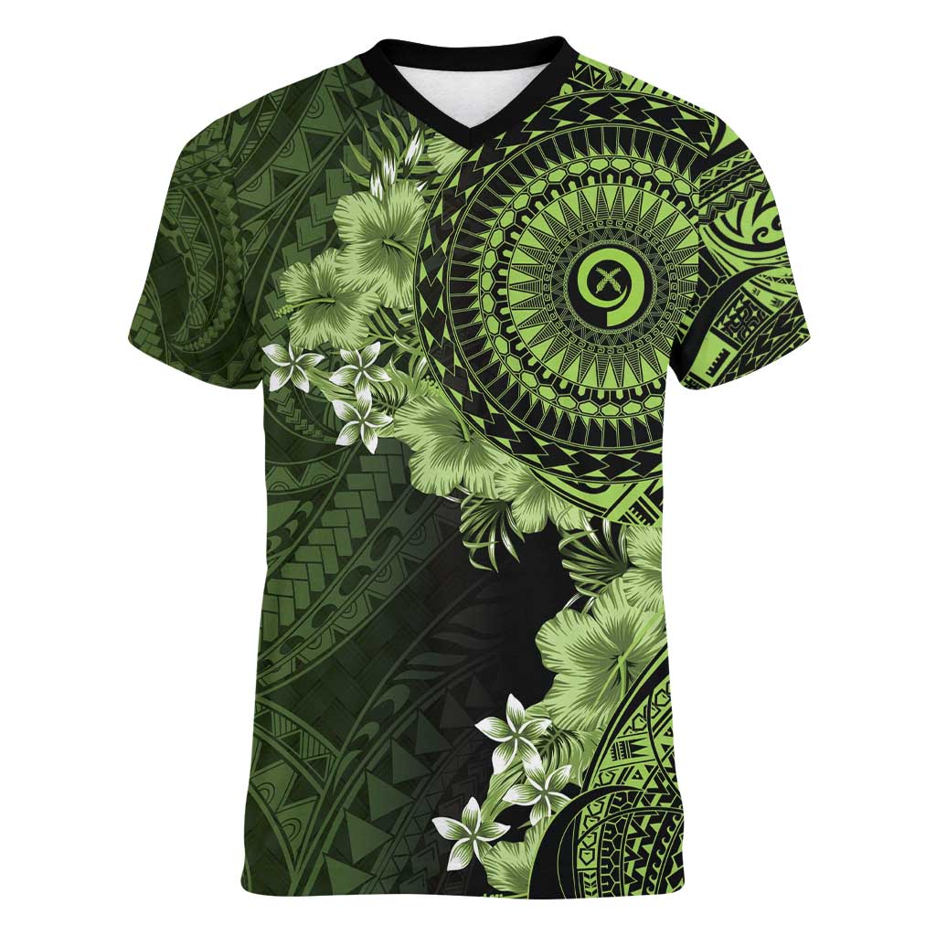 Vanuatu Women V-Neck T-Shirt Hibisus Polynesian Pattern Green - Polynesian Pride