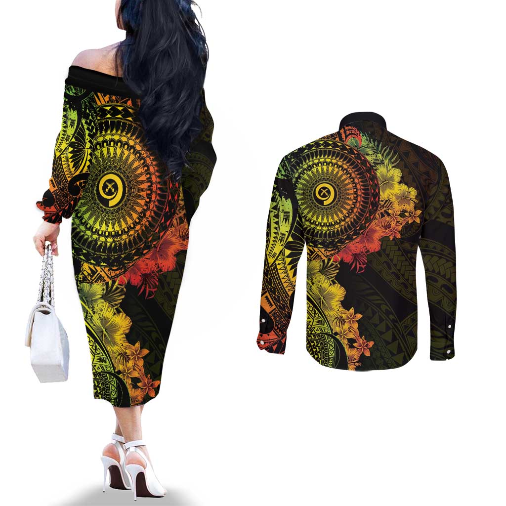 Vanuatu Couples Matching Off The Shoulder Long Sleeve Dress and Long Sleeve Button Shirt Hibisus Polynesian Pattern Reggae - Polynesian Pride