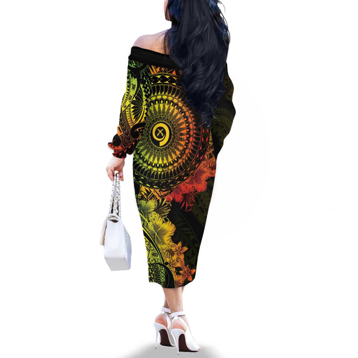 Vanuatu Family Matching Off The Shoulder Long Sleeve Dress and Hawaiian Shirt Hibisus Polynesian Pattern Reggae - Polynesian Pride