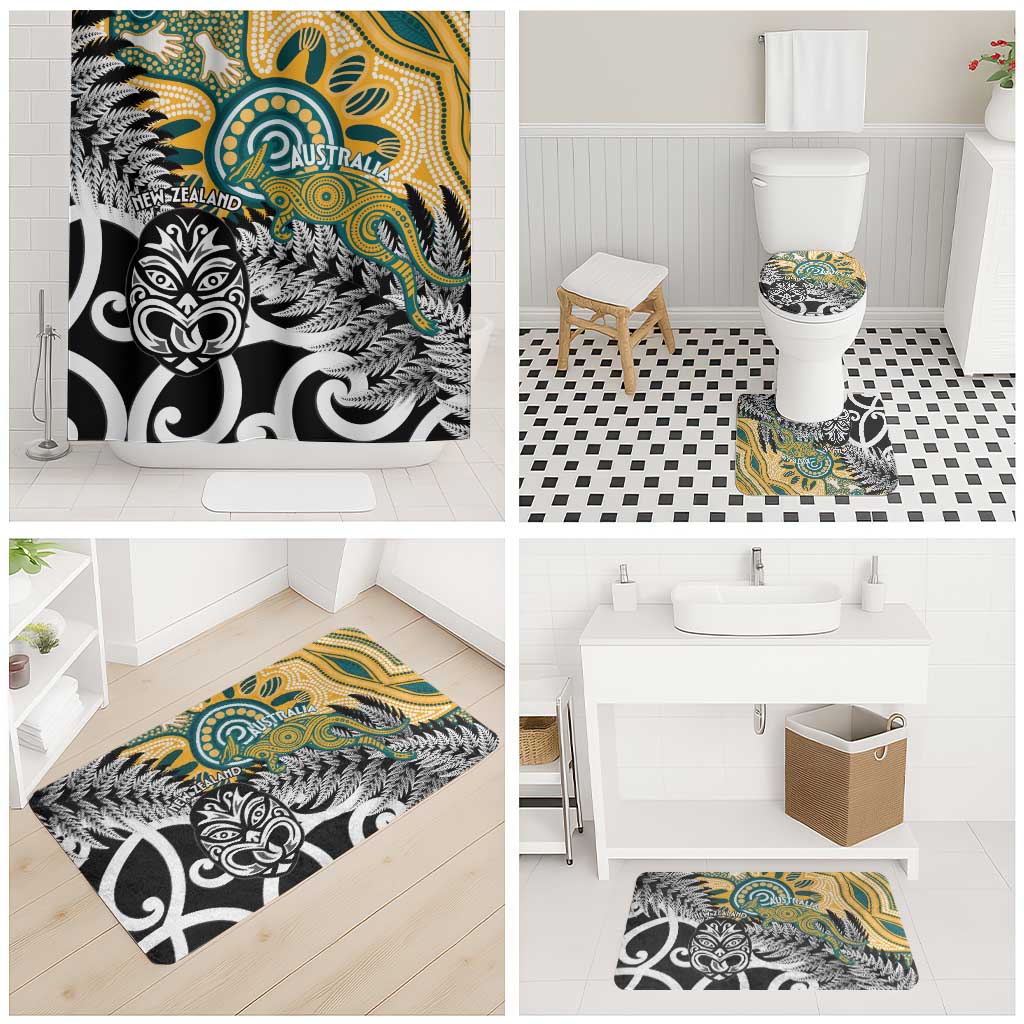 New Zealand Australia Rugby Bathroom Set Wallabies Aboriginal All Black Maori Tiki Together - Polynesian Pride
