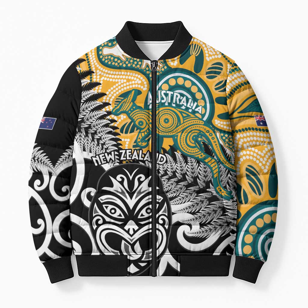 New Zealand Australia Rugby Custom Bomber Puffer Jacket Wallabies Aboriginal All Black Maori Tiki Together - Polynesian Pride