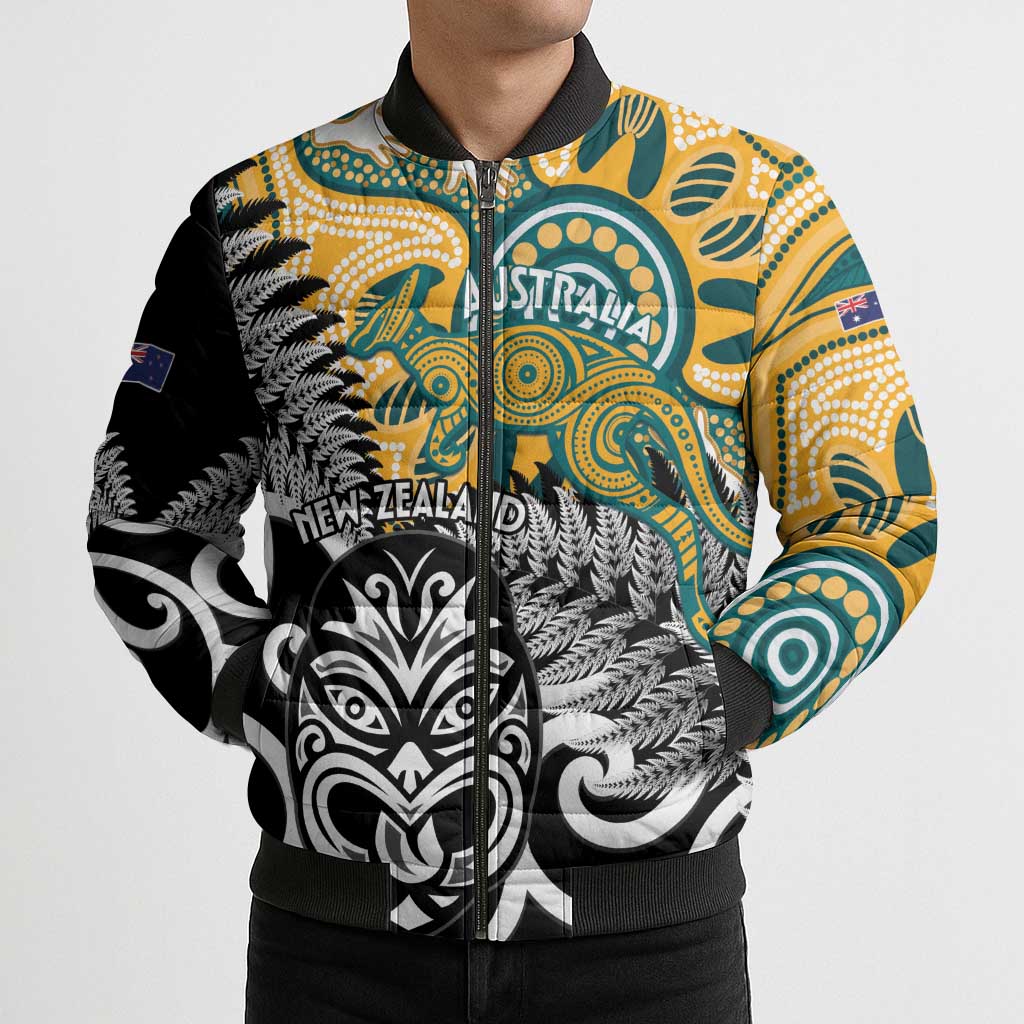 New Zealand Australia Rugby Custom Bomber Puffer Jacket Wallabies Aboriginal All Black Maori Tiki Together - Polynesian Pride