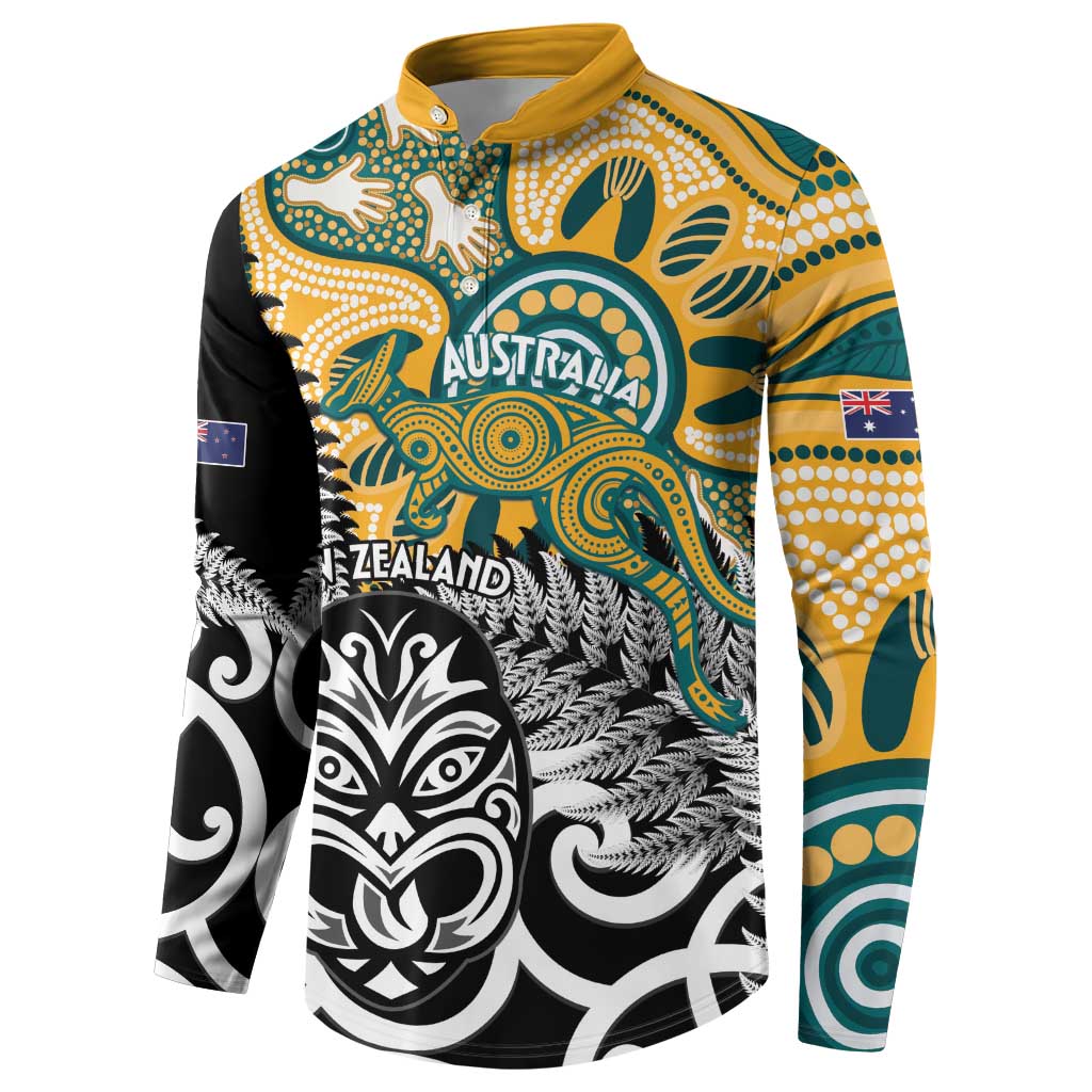New Zealand Australia Rugby Custom Button Sweatshirt Wallabies Aboriginal All Black Maori Tiki Together - Polynesian Pride