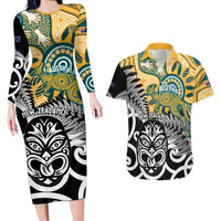 New Zealand Australia Rugby Custom Couples Matching Long Sleeve Bodycon Dress and Hawaiian Shirt Wallabies Aboriginal All Black Maori Tiki Together - Polynesian Pride