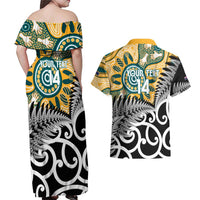 New Zealand Australia Rugby Custom Couples Matching Off Shoulder Maxi Dress and Hawaiian Shirt Wallabies Aboriginal All Black Maori Tiki Together LT14 - Polynesian Pride