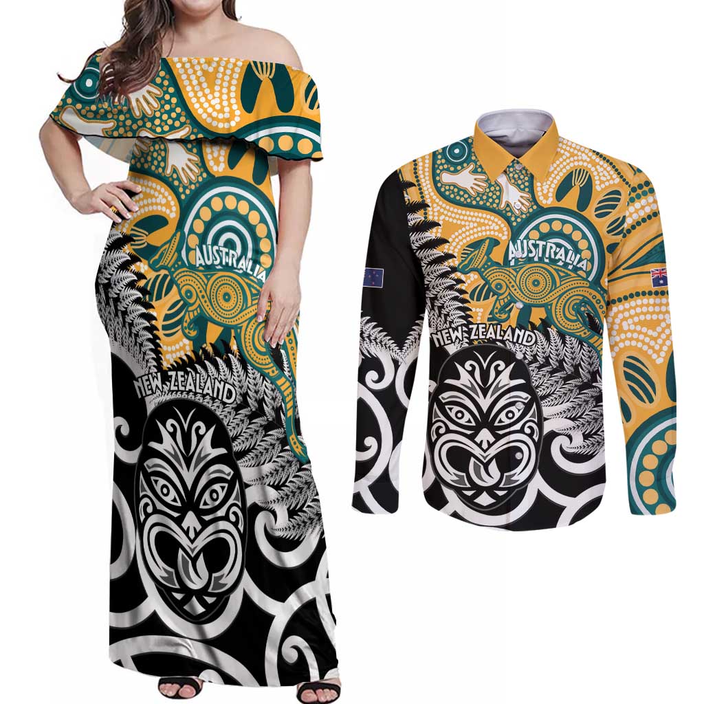 New Zealand Australia Rugby Custom Couples Matching Off Shoulder Maxi Dress and Long Sleeve Button Shirt Wallabies Aboriginal All Black Maori Tiki Together - Polynesian Pride