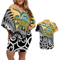 New Zealand Australia Rugby Custom Couples Matching Off Shoulder Short Dress and Hawaiian Shirt Wallabies Aboriginal All Black Maori Tiki Together LT14 Black - Polynesian Pride