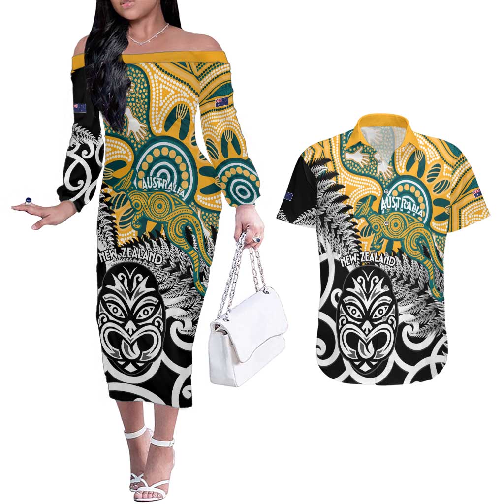 New Zealand Australia Rugby Custom Couples Matching Off The Shoulder Long Sleeve Dress and Hawaiian Shirt Wallabies Aboriginal All Black Maori Tiki Together LT14 Black - Polynesian Pride