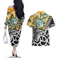 New Zealand Australia Rugby Custom Couples Matching Off The Shoulder Long Sleeve Dress and Hawaiian Shirt Wallabies Aboriginal All Black Maori Tiki Together LT14 - Polynesian Pride