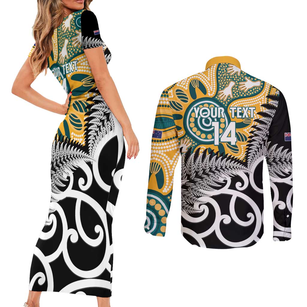 New Zealand Australia Rugby Custom Couples Matching Short Sleeve Bodycon Dress and Long Sleeve Button Shirt Wallabies Aboriginal All Black Maori Tiki Together - Polynesian Pride
