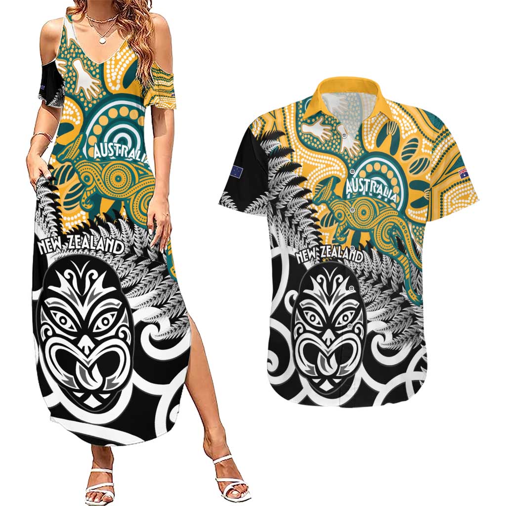 New Zealand Australia Rugby Custom Couples Matching Summer Maxi Dress and Hawaiian Shirt Wallabies Aboriginal All Black Maori Tiki Together - Polynesian Pride