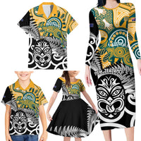 New Zealand Australia Rugby Custom Family Matching Long Sleeve Bodycon Dress and Hawaiian Shirt Wallabies Aboriginal All Black Maori Tiki Together LT14 - Polynesian Pride