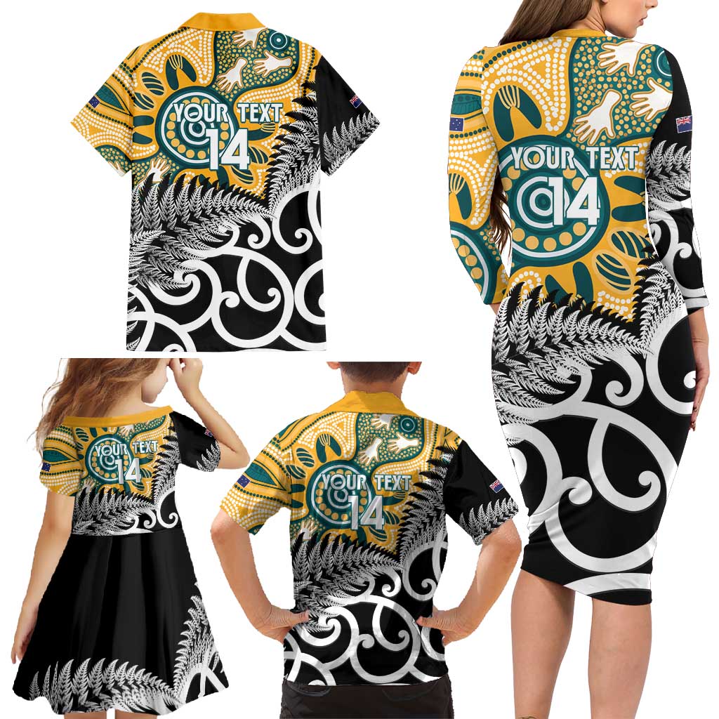 New Zealand Australia Rugby Custom Family Matching Long Sleeve Bodycon Dress and Hawaiian Shirt Wallabies Aboriginal All Black Maori Tiki Together LT14 - Polynesian Pride