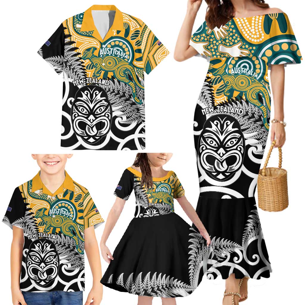 New Zealand Australia Rugby Custom Family Matching Mermaid Dress and Hawaiian Shirt Wallabies Aboriginal All Black Maori Tiki Together LT14 - Polynesian Pride