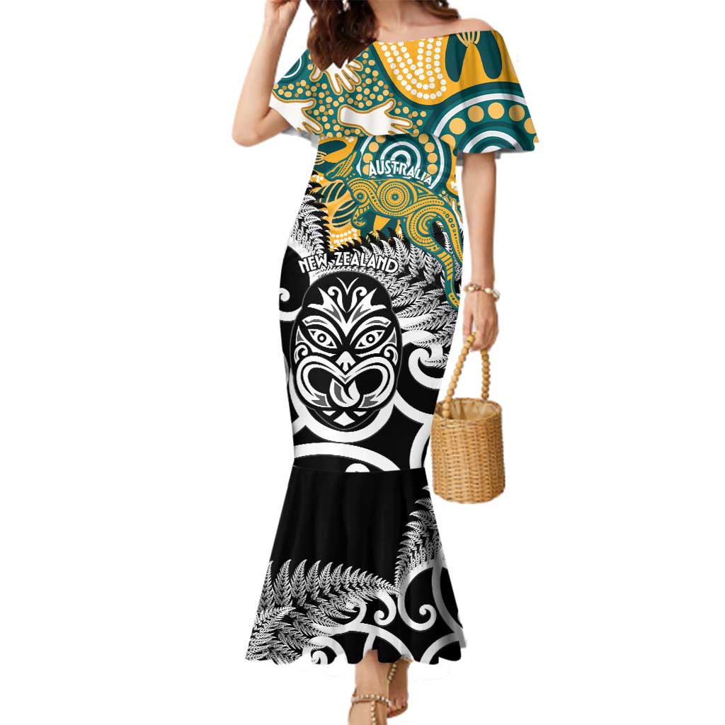 New Zealand Australia Rugby Custom Family Matching Mermaid Dress and Hawaiian Shirt Wallabies Aboriginal All Black Maori Tiki Together LT14 Mom's Dress Black - Polynesian Pride