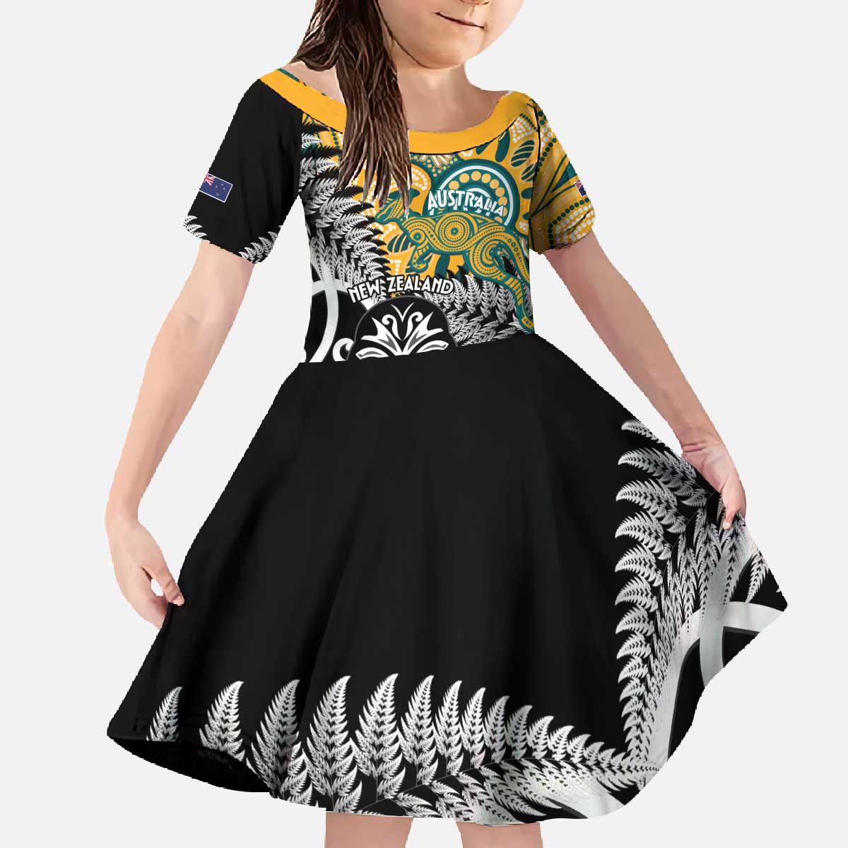 New Zealand Australia Rugby Custom Family Matching Off The Shoulder Long Sleeve Dress and Hawaiian Shirt Wallabies Aboriginal All Black Maori Tiki Together LT14 Daughter's Dress Black - Polynesian Pride