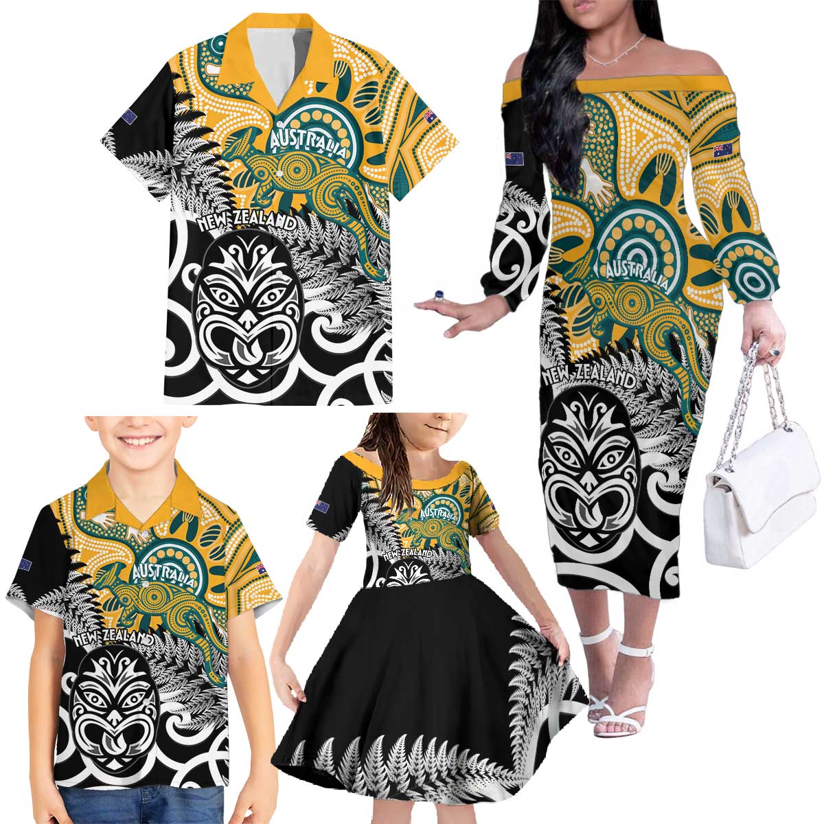 New Zealand Australia Rugby Custom Family Matching Off The Shoulder Long Sleeve Dress and Hawaiian Shirt Wallabies Aboriginal All Black Maori Tiki Together LT14 - Polynesian Pride