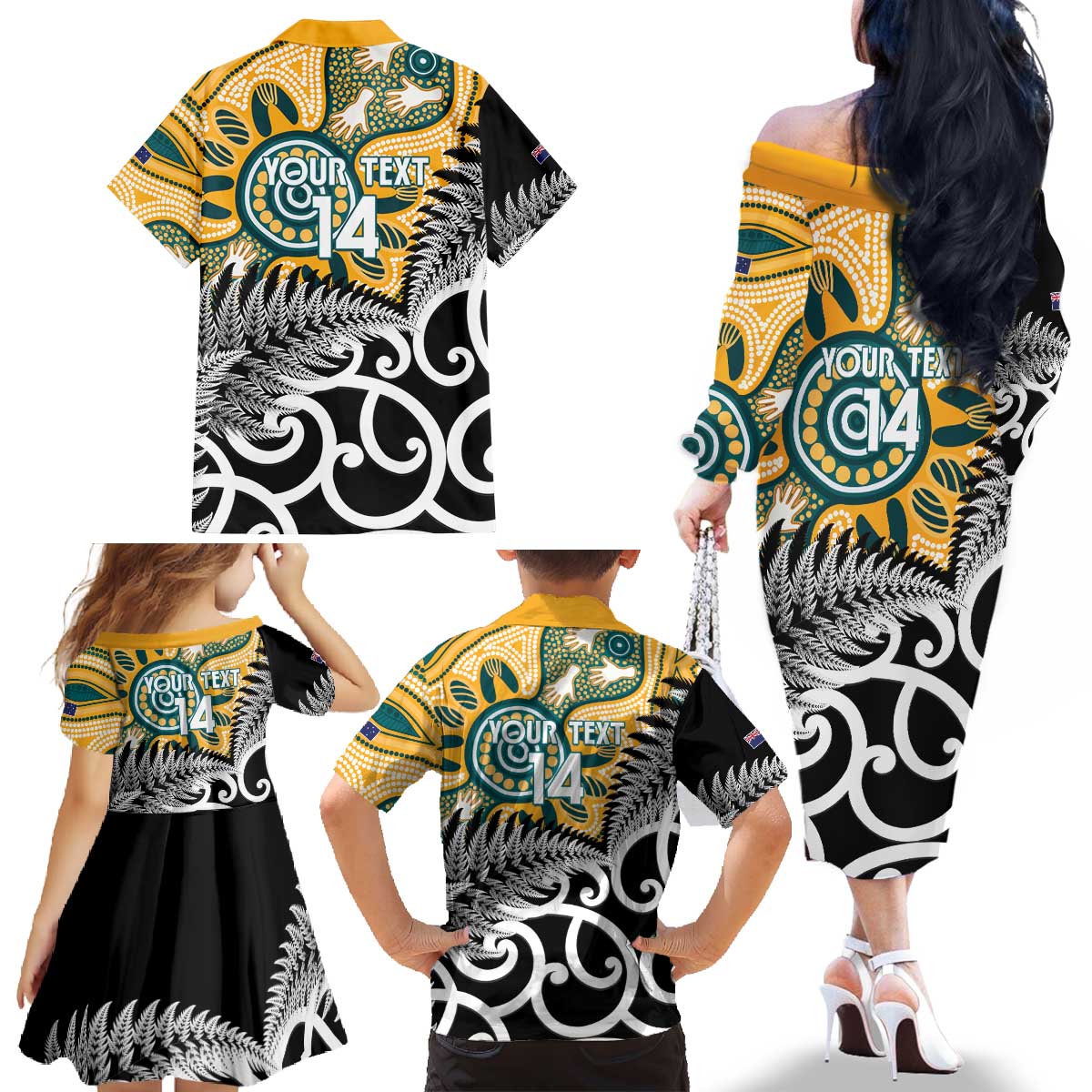 New Zealand Australia Rugby Custom Family Matching Off The Shoulder Long Sleeve Dress and Hawaiian Shirt Wallabies Aboriginal All Black Maori Tiki Together LT14 - Polynesian Pride