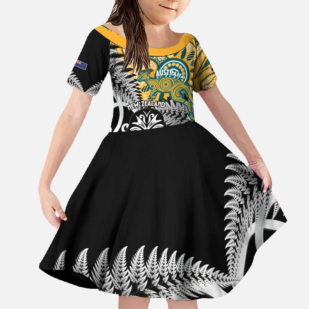 New Zealand Australia Rugby Custom Family Matching Off Shoulder Maxi Dress and Hawaiian Shirt Wallabies Aboriginal All Black Maori Tiki Together LT14 Daughter's Dress Black - Polynesian Pride