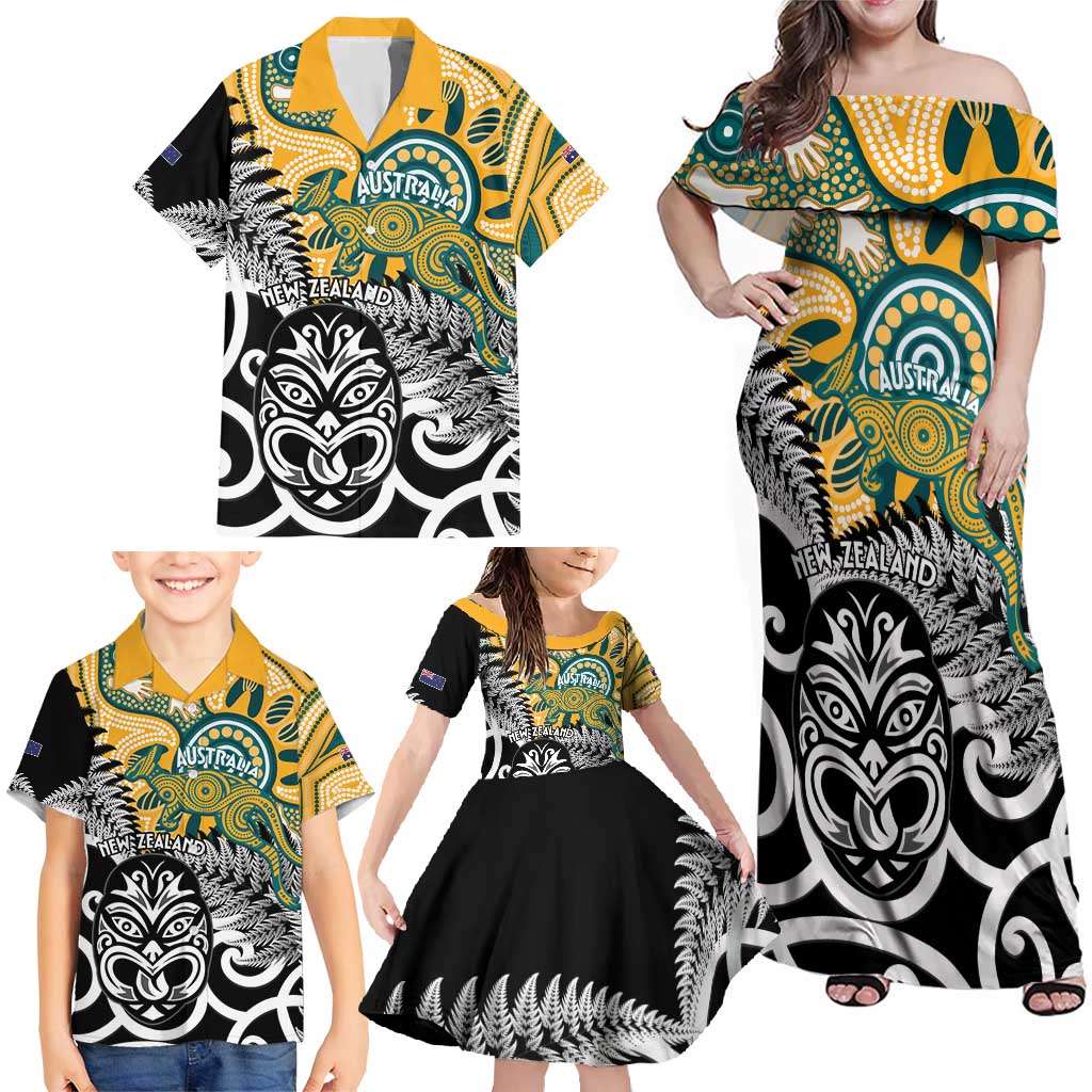 New Zealand Australia Rugby Custom Family Matching Off Shoulder Maxi Dress and Hawaiian Shirt Wallabies Aboriginal All Black Maori Tiki Together LT14 - Polynesian Pride