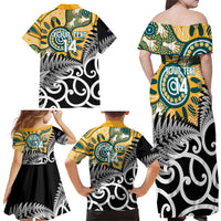 New Zealand Australia Rugby Custom Family Matching Off Shoulder Maxi Dress and Hawaiian Shirt Wallabies Aboriginal All Black Maori Tiki Together LT14 - Polynesian Pride
