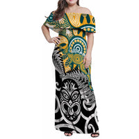 New Zealand Australia Rugby Custom Family Matching Off Shoulder Maxi Dress and Hawaiian Shirt Wallabies Aboriginal All Black Maori Tiki Together LT14 Mom's Dress Black - Polynesian Pride