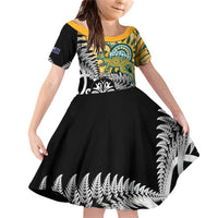 New Zealand Australia Rugby Custom Family Matching Off Shoulder Short Dress and Hawaiian Shirt Wallabies Aboriginal All Black Maori Tiki Together LT14 Daughter's Dress Black - Polynesian Pride