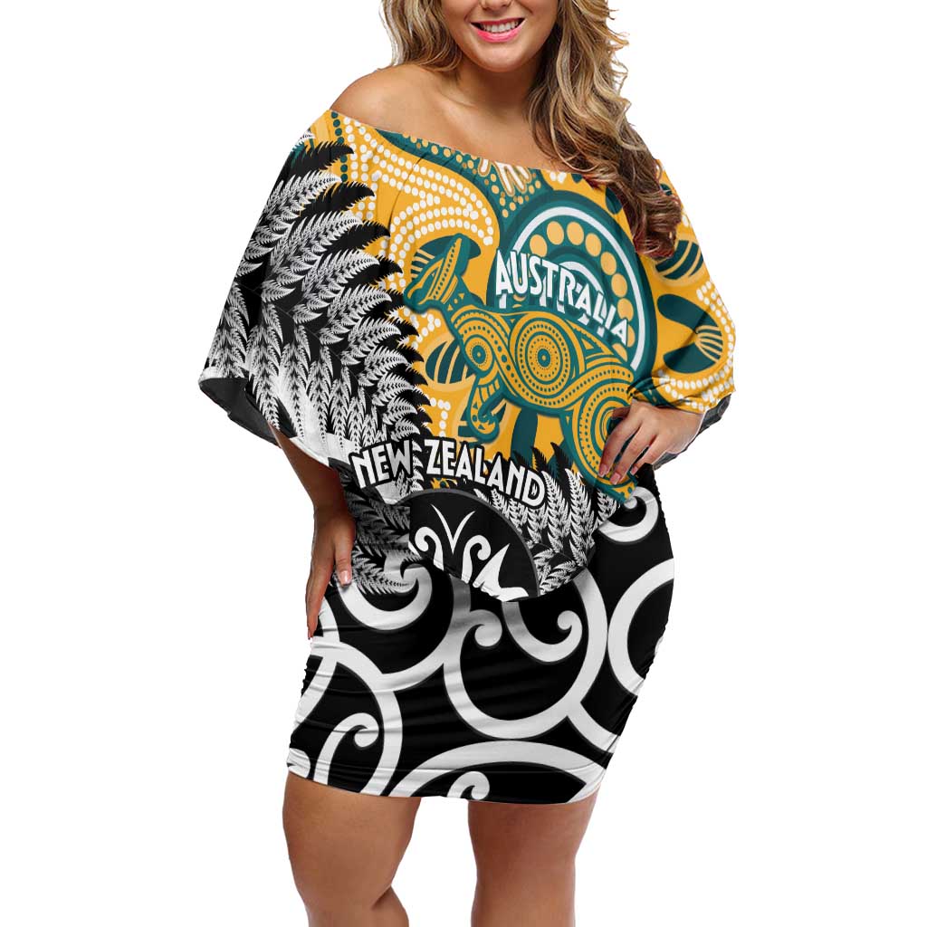 New Zealand Australia Rugby Custom Family Matching Off Shoulder Short Dress and Hawaiian Shirt Wallabies Aboriginal All Black Maori Tiki Together LT14 Mom's Dress Black - Polynesian Pride