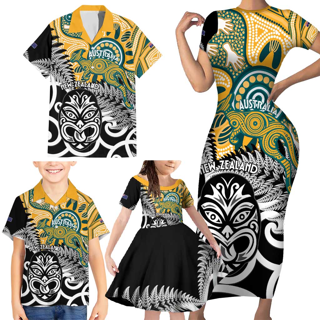 New Zealand Australia Rugby Custom Family Matching Short Sleeve Bodycon Dress and Hawaiian Shirt Wallabies Aboriginal All Black Maori Tiki Together LT14 - Polynesian Pride