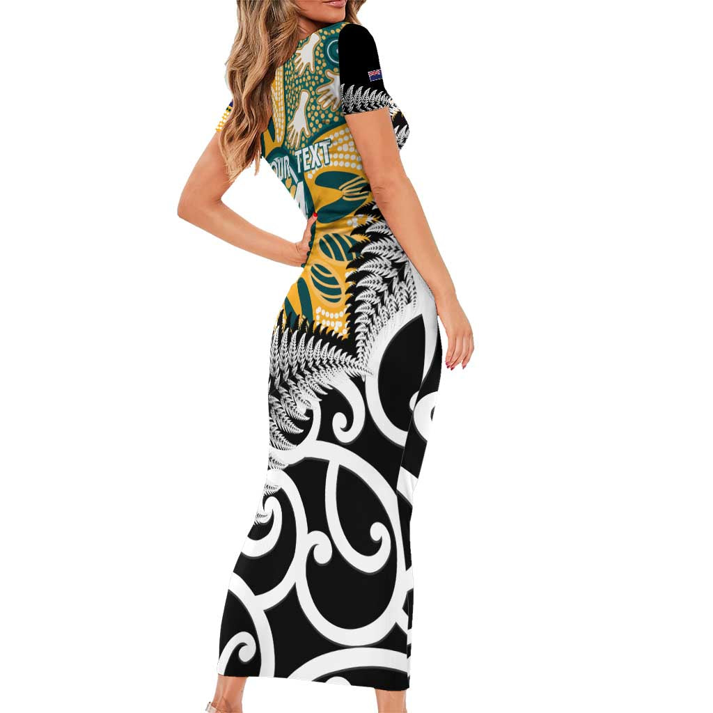 New Zealand Australia Rugby Custom Family Matching Short Sleeve Bodycon Dress and Hawaiian Shirt Wallabies Aboriginal All Black Maori Tiki Together LT14 - Polynesian Pride