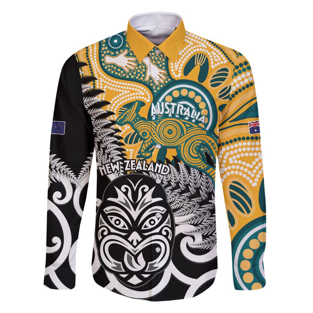 New Zealand Australia Rugby Custom Family Matching Tank Maxi Dress and Hawaiian Shirt Wallabies Aboriginal All Black Maori Tiki Together LT14 Dad's Shirt - Long Sleeve Black - Polynesian Pride