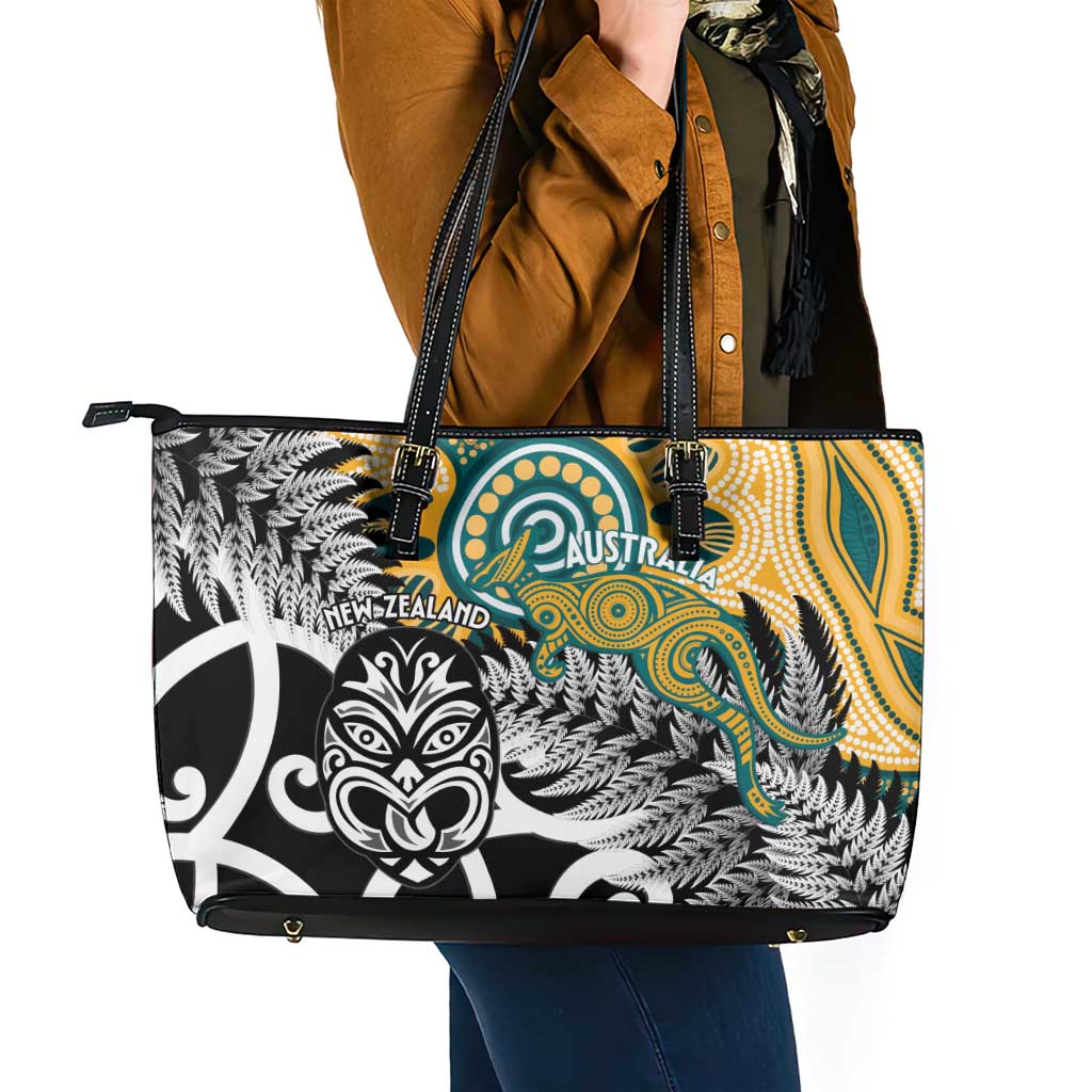 New Zealand Australia Rugby Leather Tote Bag Wallabies Aboriginal All Black Maori Tiki Together - Polynesian Pride