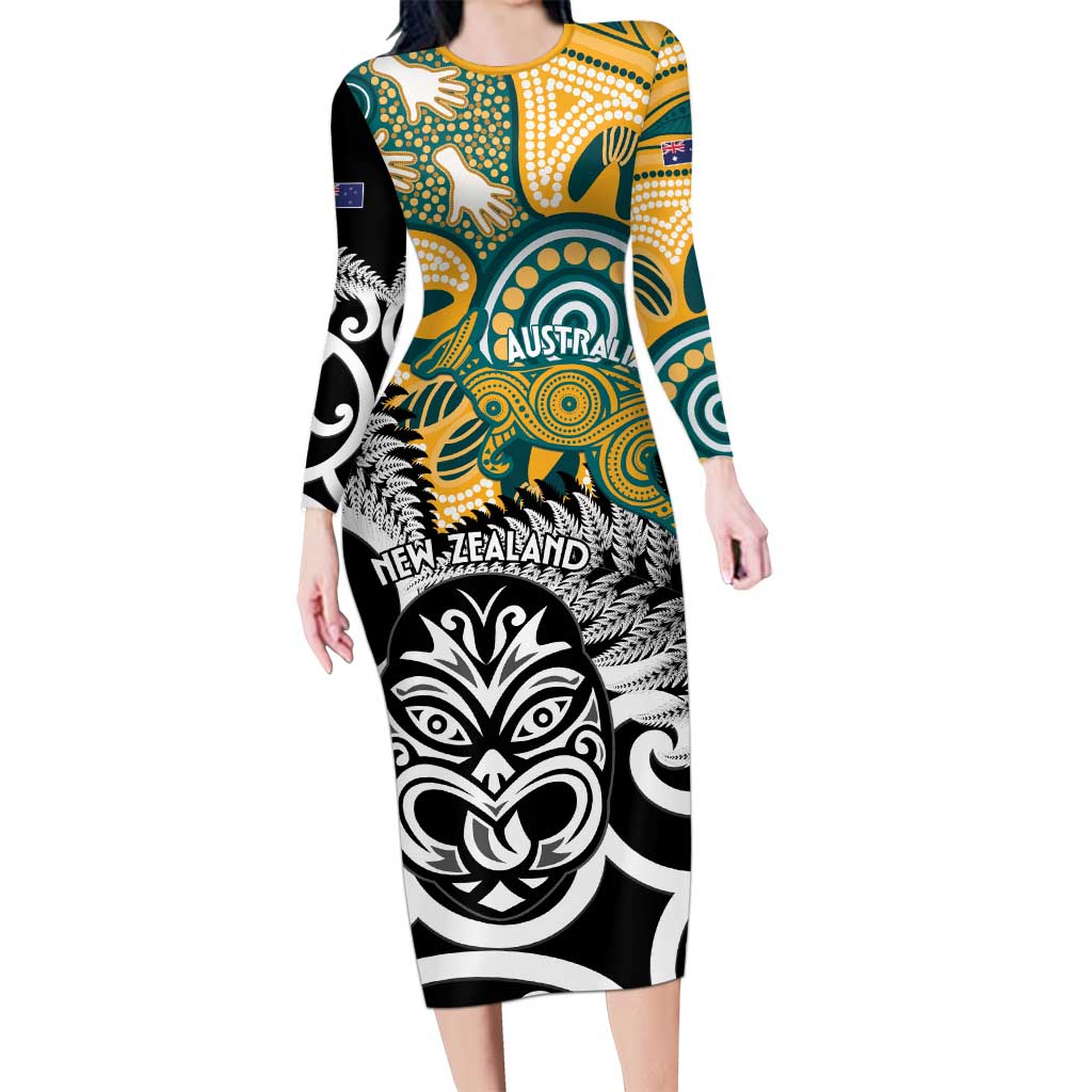 New Zealand Australia Rugby Custom Long Sleeve Bodycon Dress Wallabies Aboriginal All Black Maori Tiki Together LT14 Long Dress Black - Polynesian Pride