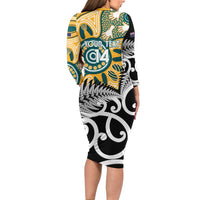 New Zealand Australia Rugby Custom Long Sleeve Bodycon Dress Wallabies Aboriginal All Black Maori Tiki Together LT14 - Polynesian Pride