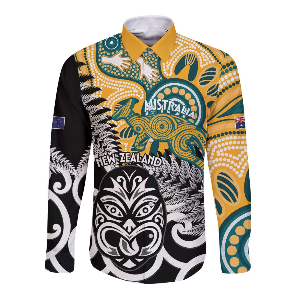 New Zealand Australia Rugby Custom Long Sleeve Button Shirt Wallabies Aboriginal All Black Maori Tiki Together - Polynesian Pride