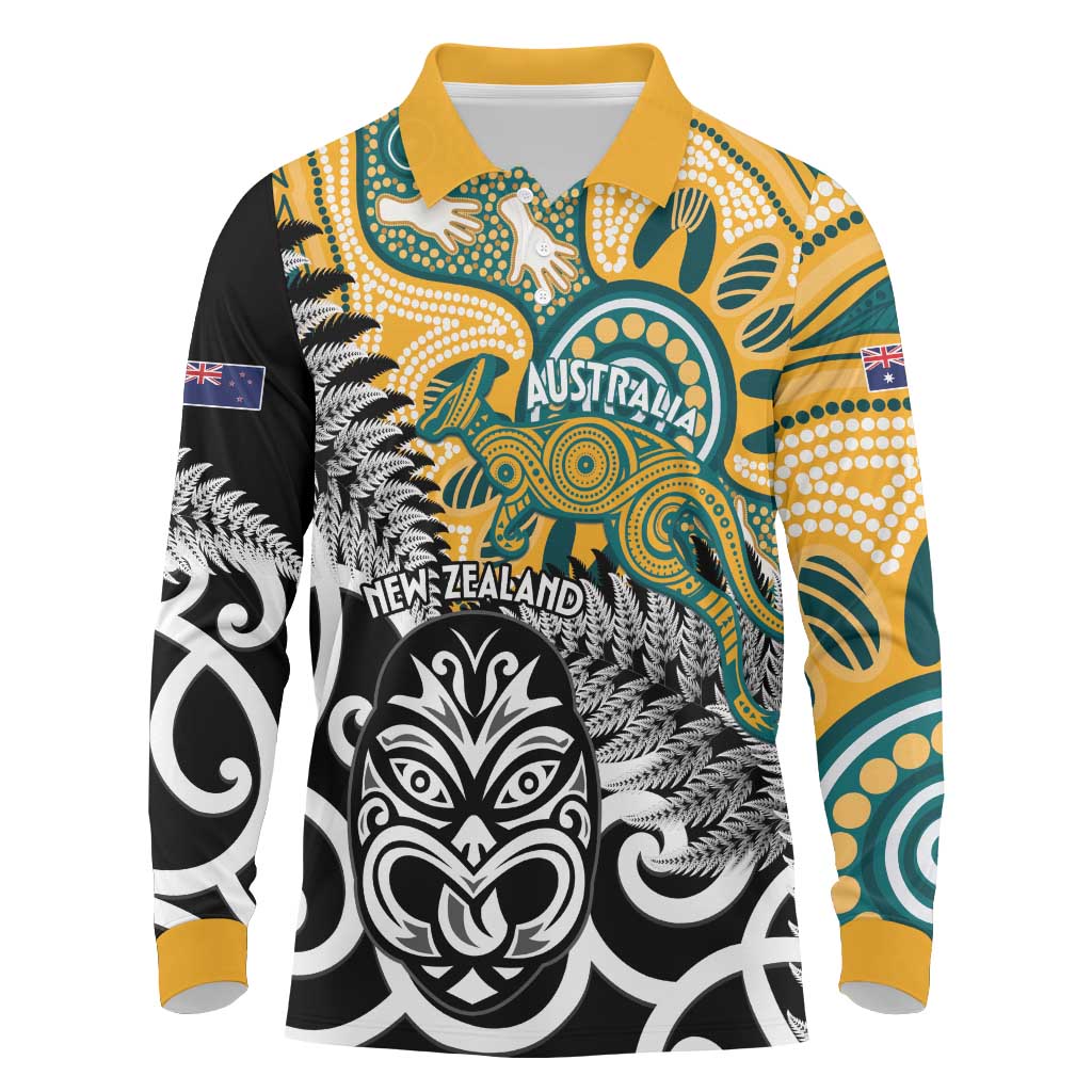 New Zealand Australia Rugby Custom Long Sleeve Polo Shirt Wallabies Aboriginal All Black Maori Tiki Together LT14 Black - Polynesian Pride