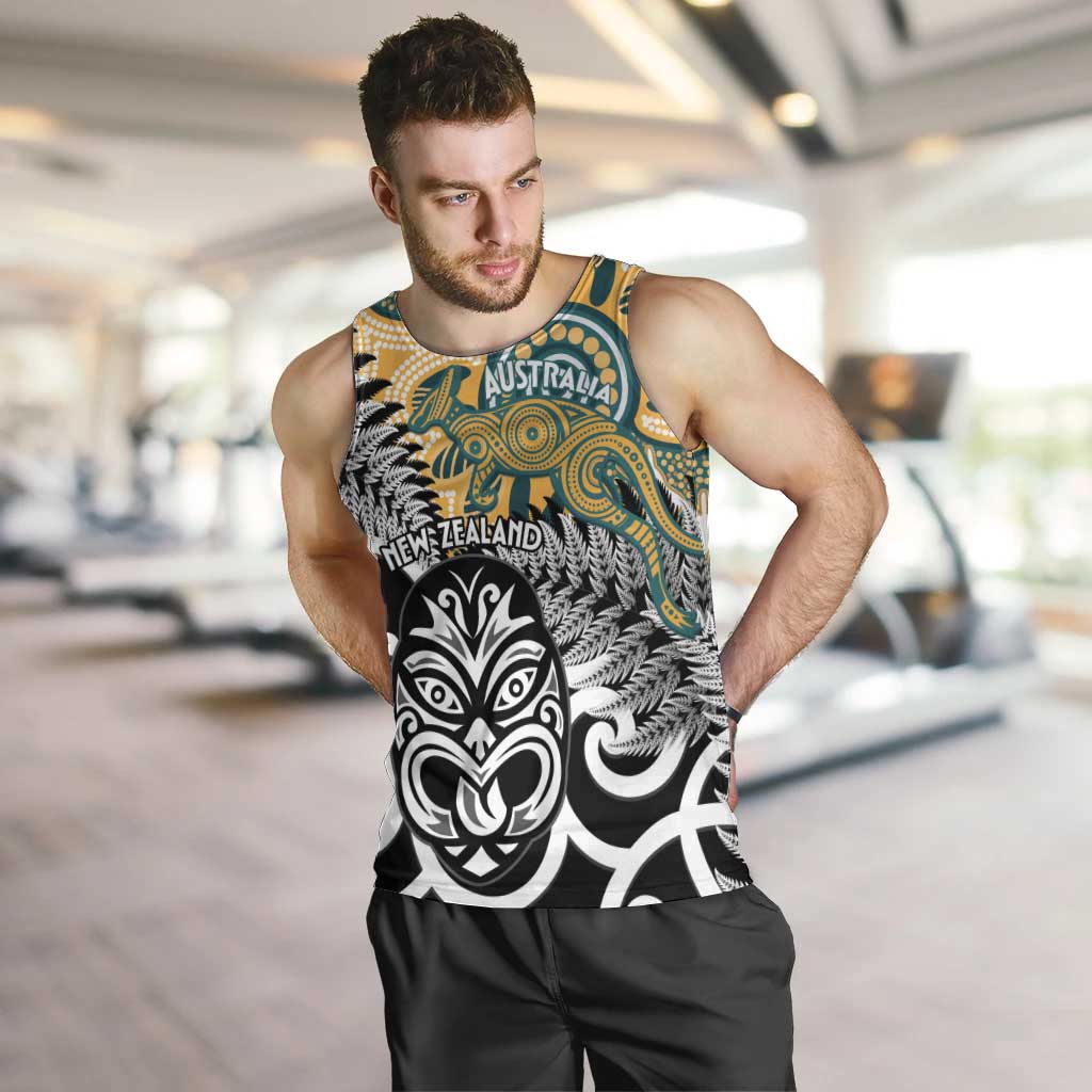 New Zealand Australia Rugby Custom Men Tank Top Wallabies Aboriginal All Black Maori Tiki Together - Polynesian Pride
