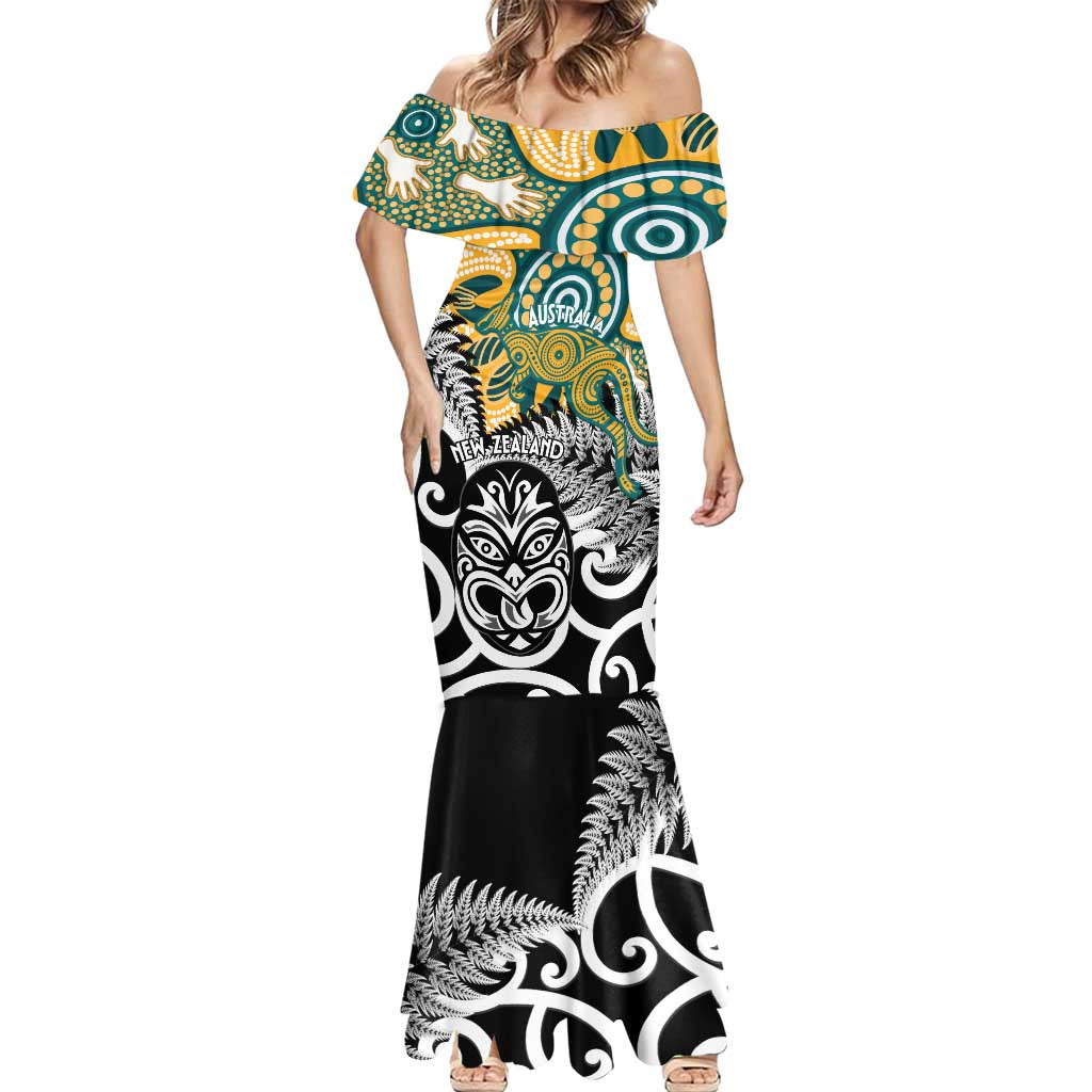 New Zealand Australia Rugby Custom Mermaid Dress Wallabies Aboriginal All Black Maori Tiki Together LT14 - Polynesian Pride