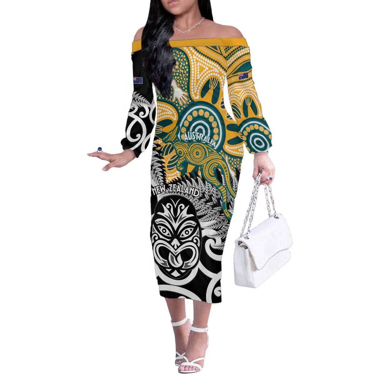 New Zealand Australia Rugby Custom Off The Shoulder Long Sleeve Dress Wallabies Aboriginal All Black Maori Tiki Together LT14 Women Black - Polynesian Pride